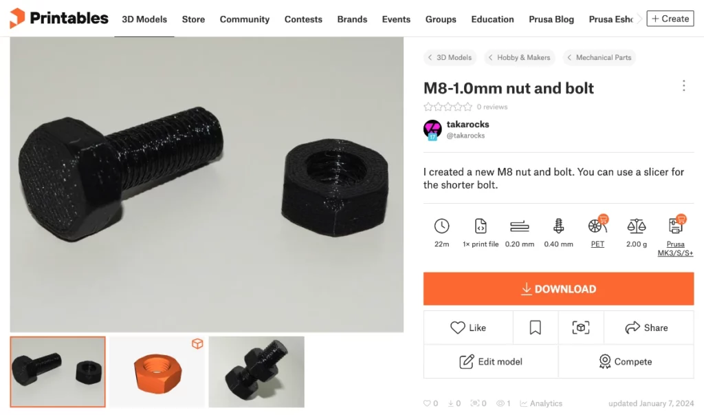 Printables M8 Nut and Bolt